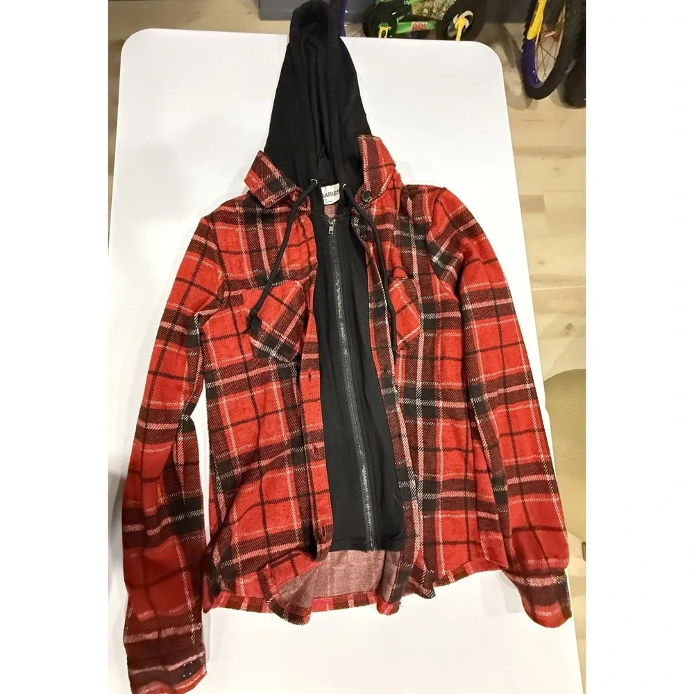 No Boundaries  XXS Plaid Hooded Button Up Flannel Shirt Jacket
